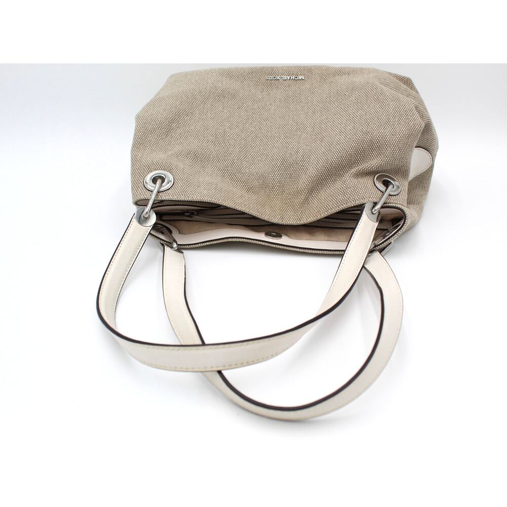 Michael Kors Raven Shoulder Bag Purse Beige White Canvas Fabric Leather Summer - Picture 12 of 12